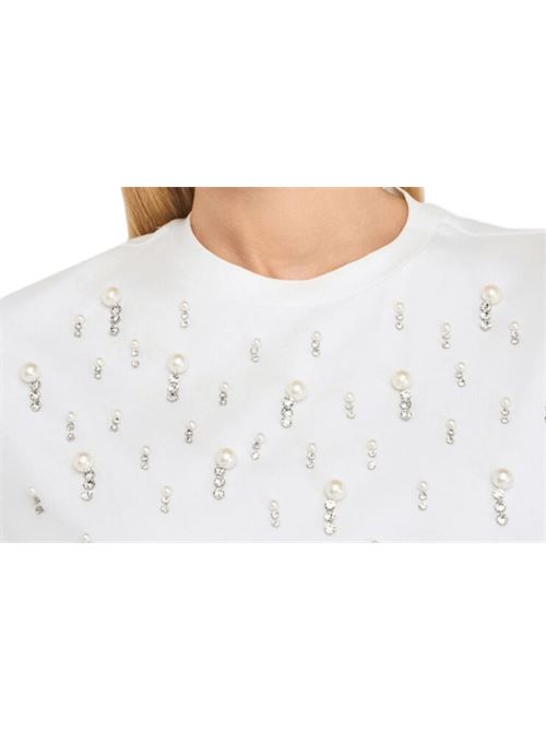 T-shirt bianca realizzata in cotone stretch con perle e strass applicati, colore bianco LIU JO | CF5072-JS08811111